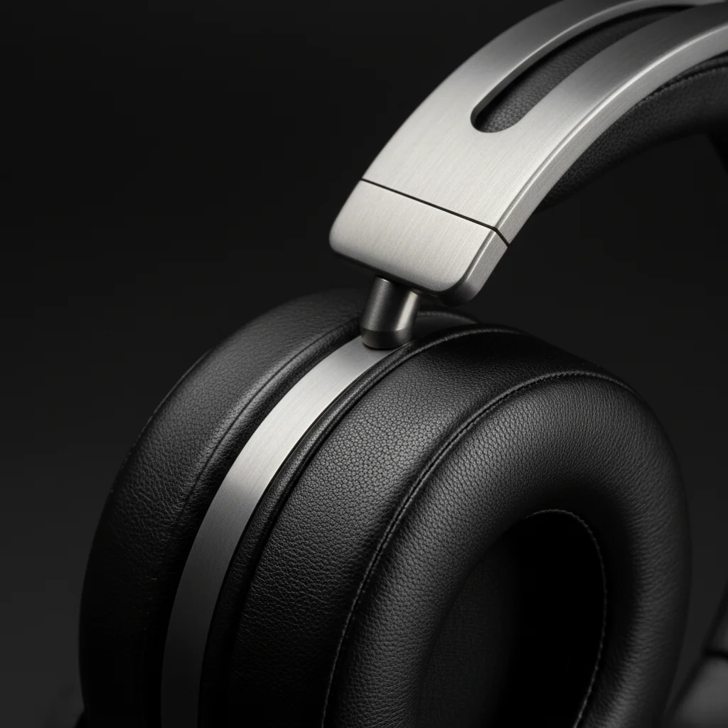 Brushed titanium headband and lambskin leather ear cushion detail